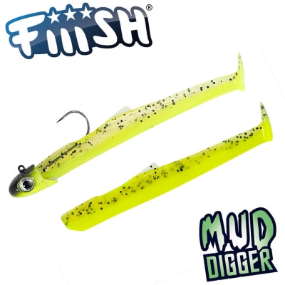 Fiiish Mud Digger Combo: Jig Head 15g + 2 Lure Bodies 9cm - Chartreuse UV